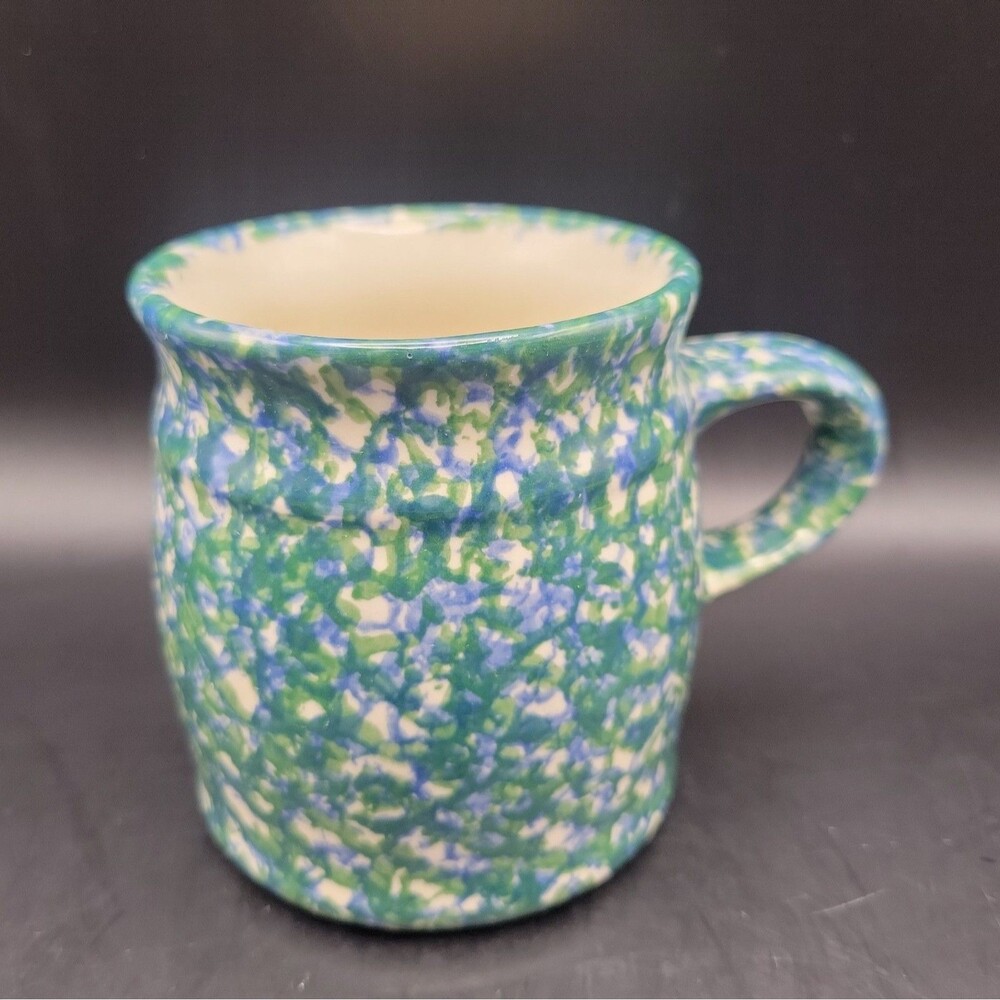 Roseville, OH  Medium Green/Blue  Spongeware Pottery Mug - Gerald Henn Workshop